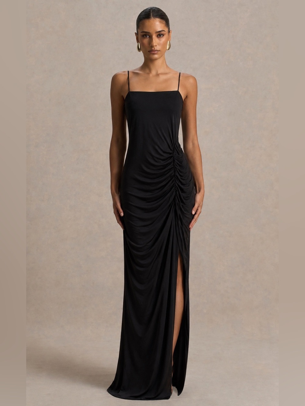 Club L London Black Ruched Maxi Dress with Side Slit
